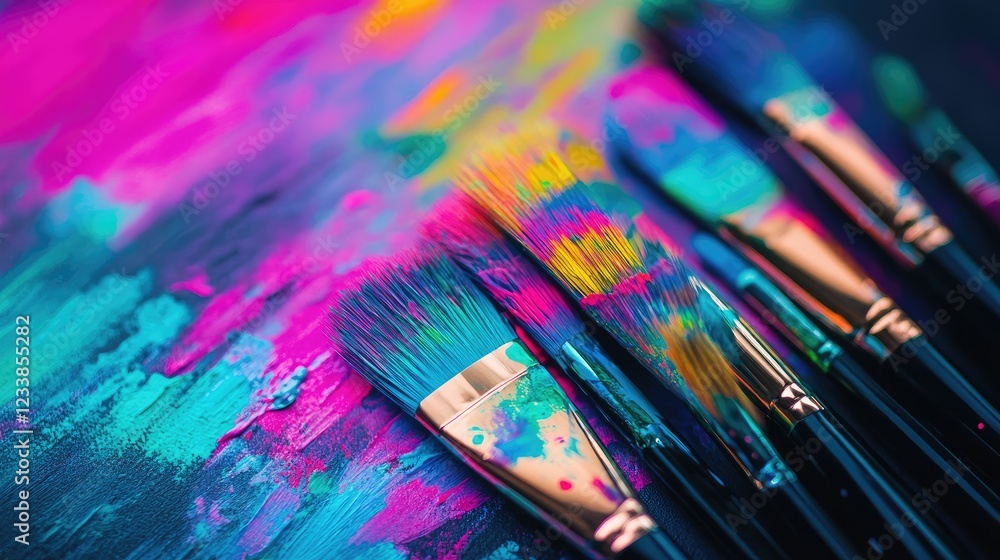 Leinwandbilder colorful array of paint brushes on a canvas with splashes of neon pigments and vibrant hues