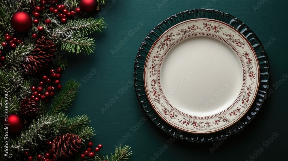 Poster elegant christmas ceramic plate mockup on green background surrounded by festive decorations and emp