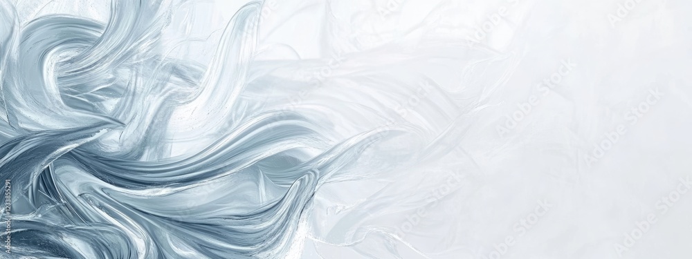 Poster water droplets creating wave-like patterns on a white background with ample empty space for text or 