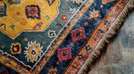 Vibrant Traditional Turkish Carpet featuring Antique Stitching and Rich Colors with Empty Copyspace for Customized Text
