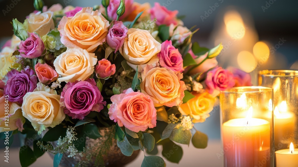 Poster elegant rose bouquet surrounded by glowing candles creating a warm and inviting atmosphere for speci