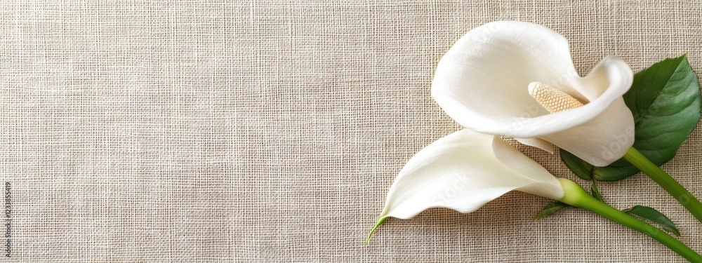 Poster elegant white rose and calla lily arrangement on textured fiber background with space for your custo