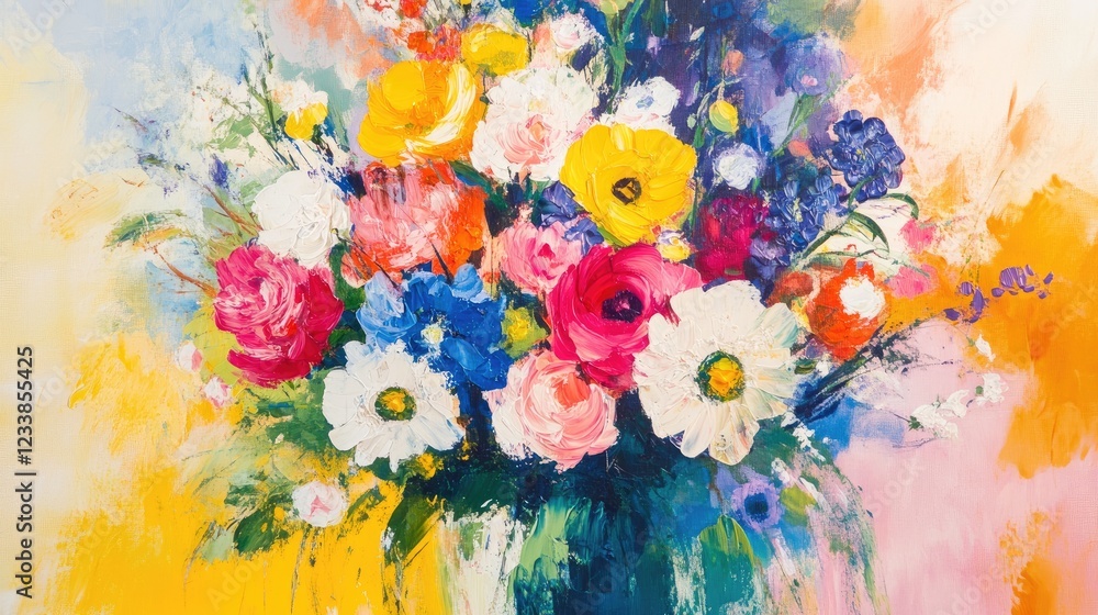 Leinwandbilder Vibrant Spring Bouquet Featuring a Colorful Array of Fresh Flowers in a Delicate Vase Against a Soft Abstract Background