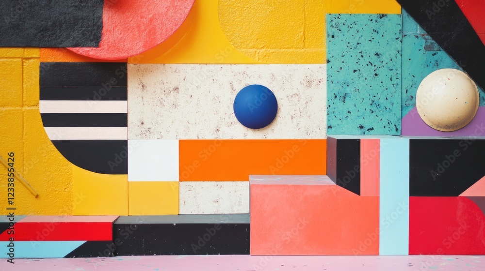 Poster Colorful geometric art collage with vibrant shapes and textures featuring blank space for customizable text or graphics.