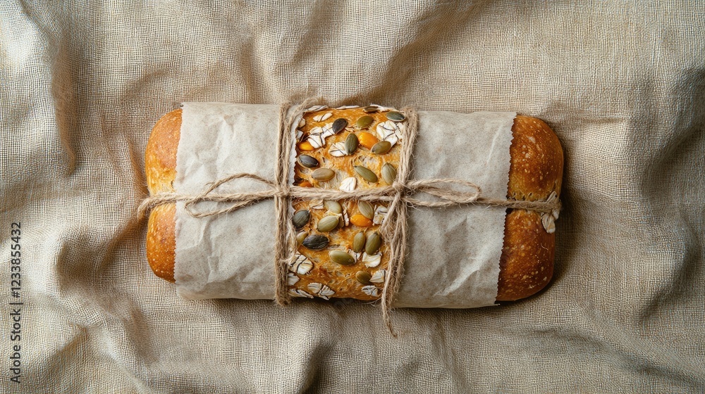 Poster organic baguette bread with sunflower and pumpkin seeds wrapped in paper on textured linen fabric ba