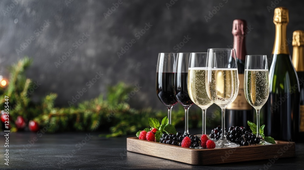 Poster elegant wine tasting flight featuring an array of sparkling white wines complemented by fresh berrie