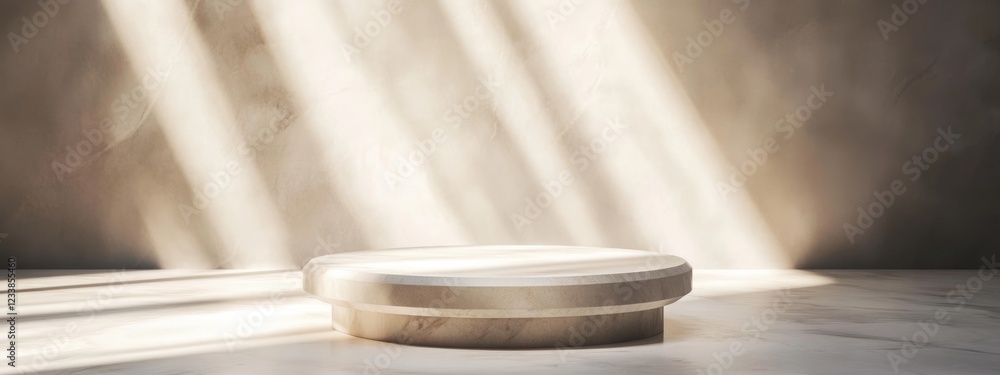 Poster minimalist pedestal casting shadows in a sunlit room with space for text or product placement showca