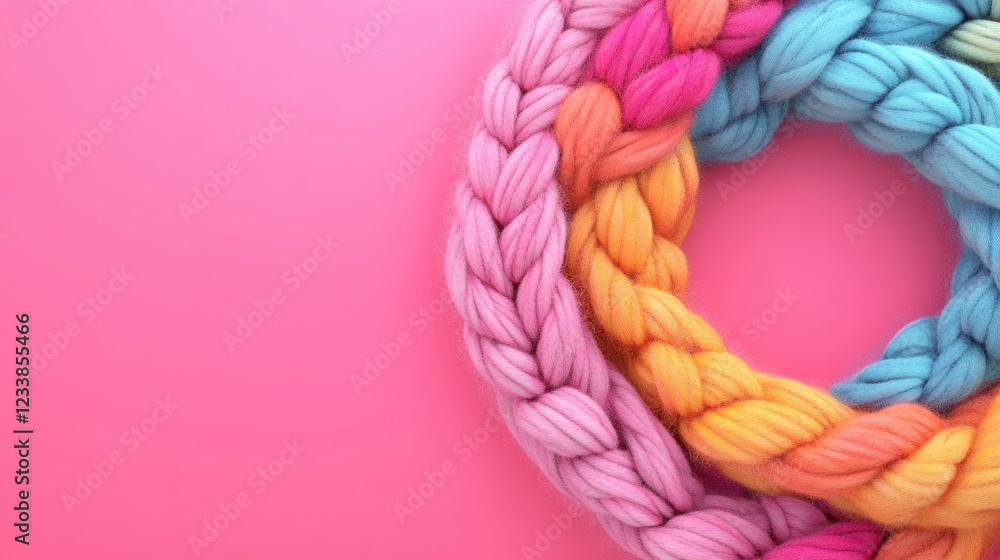 Aufkleber colorful braided textile against a soft pink background creating a silky circular design