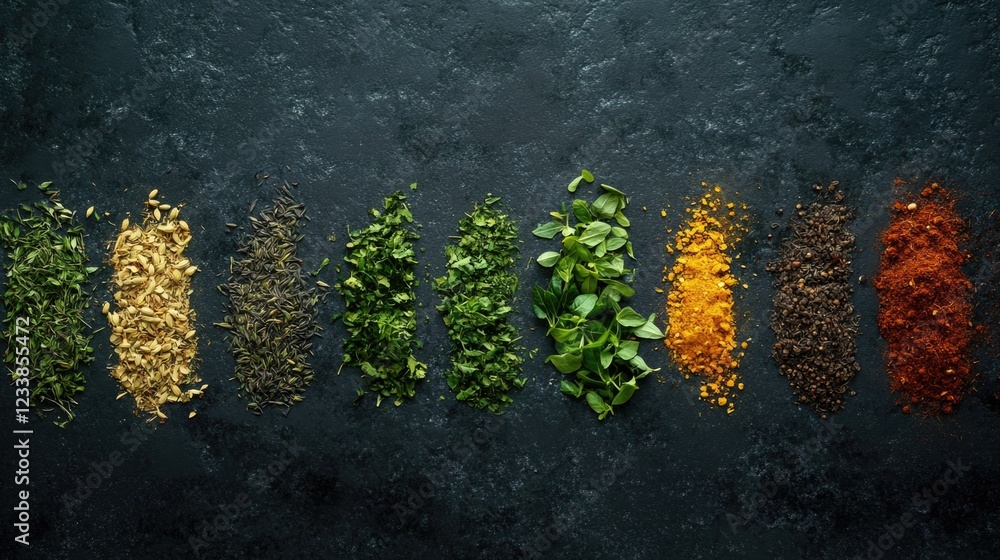 Poster diverse assortment of dried herbs and spices on dark background with blank space for text or brandin