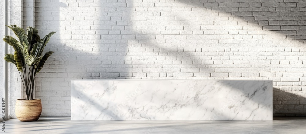 Aufkleber modern white marble console table in a spacious room with white brick wall and ample empty space for