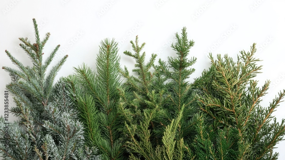 Poster winter greenery arrangement featuring cedar spruce and fir with blank space for custom text or graph