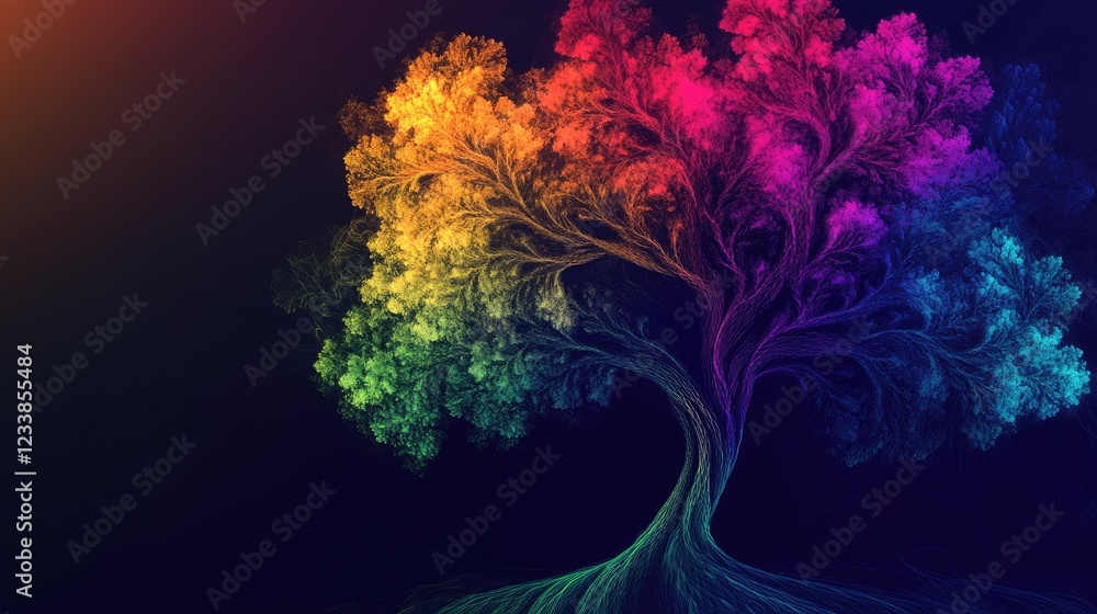 Poster colorful fractal tree in a vivid visual space offering ample copyspace for text and creative design 