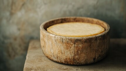 Fototapeta premium A gourmet cheese platter pairs luxury cheeses with crisp crackers. A round cheese in a rustic wooden container on a textured surface.