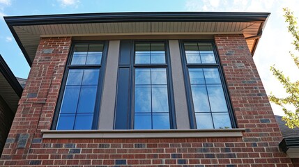 Naklejka premium Modern Brick Home with Newly Installed Windows Showcasing Architectural Style and Natural Light