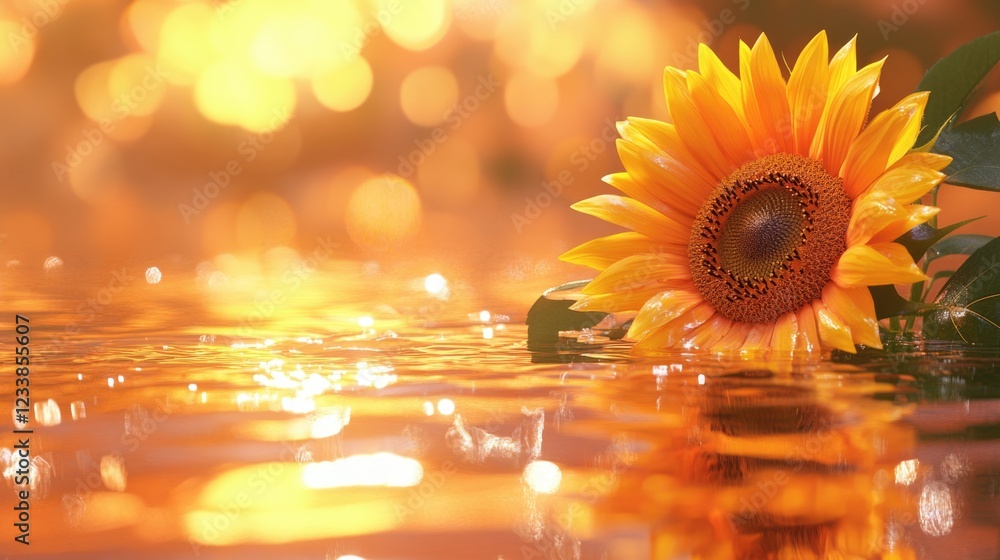 Poster sunflower blooming in a serene water reflection with golden hues and ample space for text overlay in
