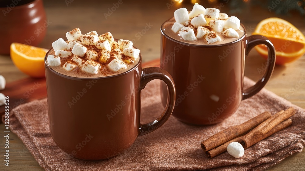 Poster warm cocoa with marshmallows and cinnamon served in brown mugs on a cozy table setting with orange s