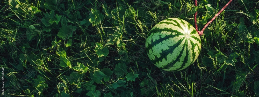 Poster watermelon being lifted by drone with coiled rope in a green field overhead view featuring blank spa