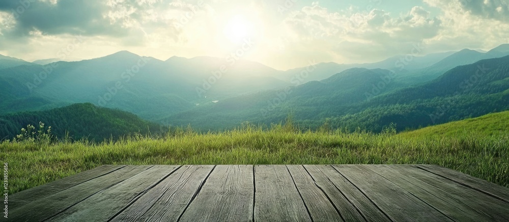 Poster serene mountain landscape with expansive greenery and clear sky ideal for text overlay and nature th