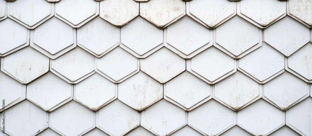 Poster white hexagonal roof tiles on grey metal surface with space for custom text or design element