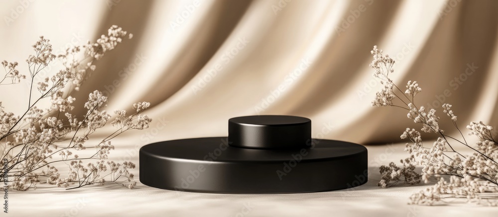 Poster elegant black satin pedestals on a soft cream background perfect for showcasing premium products wit