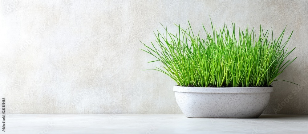 Poster cat grass growing kit in a white planter on a soft light background with ample copy space for text