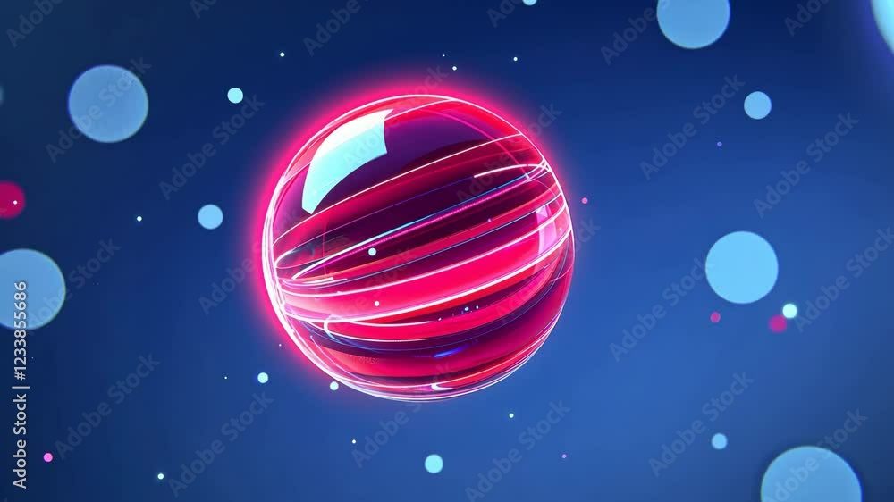 Poster vibrant glowing red sphere with swirling patterns against dark blue background surrounded by dynamic