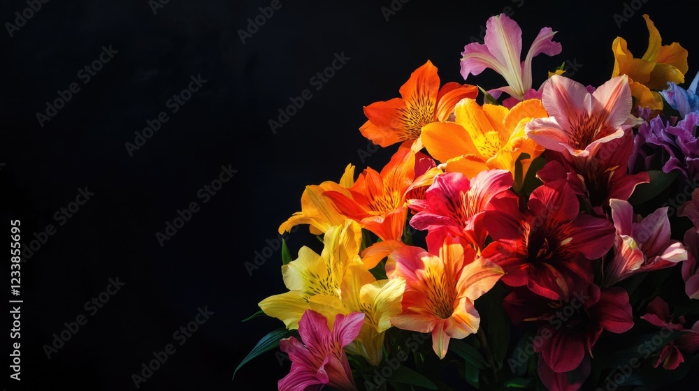 Poster vibrant bouquet of colorful lilies illuminated by sunlight against a dark background with empty spac