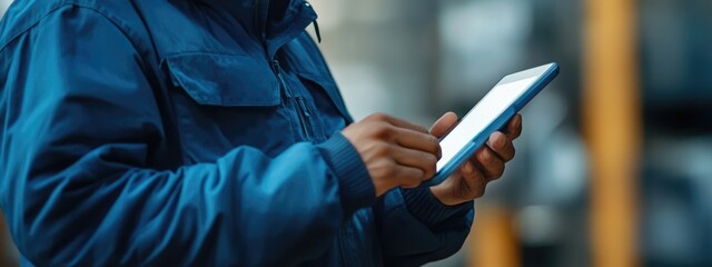 Warehouse worker managing inventory with digital tablet in industrial setting ideal for text placement in a professional context