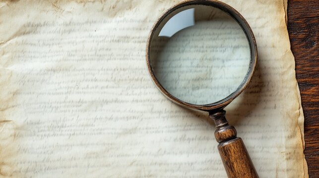 Top view of vintage document with magnifying glass on textured background showcasing empty space for text or annotations