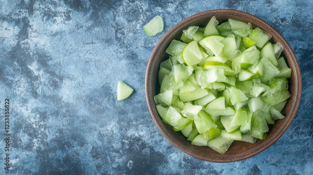 Poster sliced green apples in a brown ceramic bowl on a blue concrete background with ample space for text 