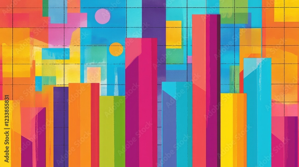 Poster Colorful abstract business analytics visualization with rising financial graphs and geometric shapes on a modern background