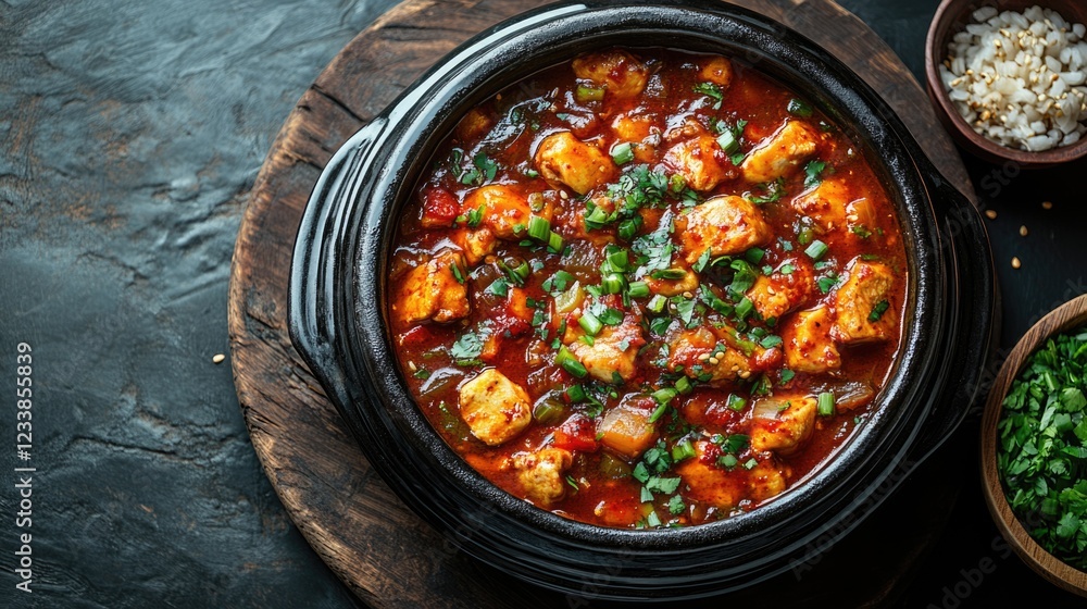 Poster korean spicy chicken stew in clay pot garnished with herbs on wooden serving board with empty space 