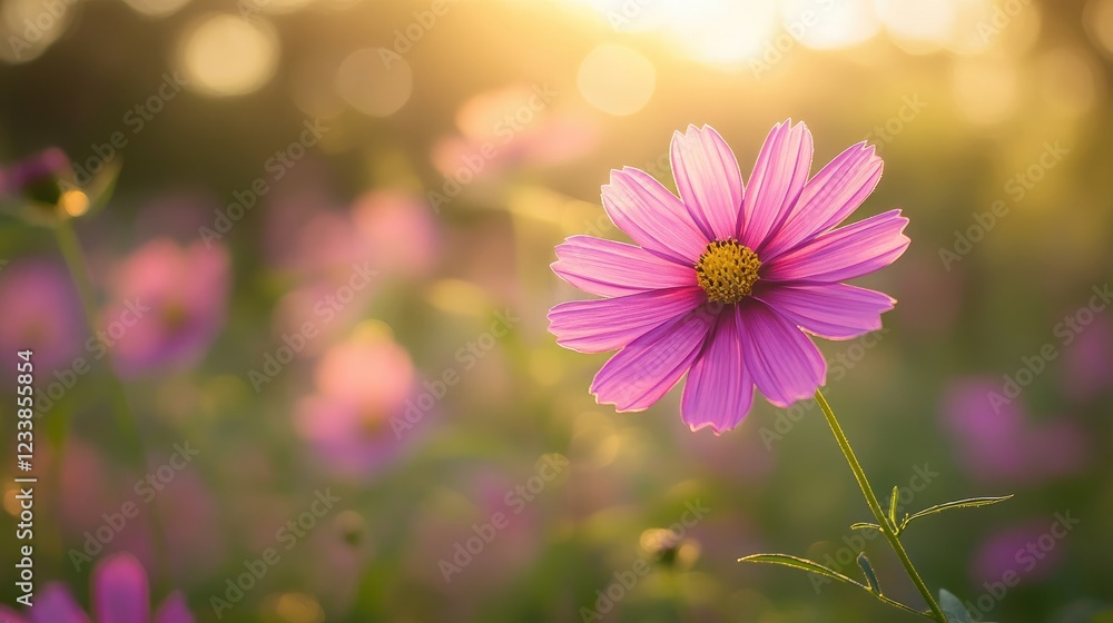 Poster beautiful pink flower in bloom with soft sunlight and bokeh background in a natural setting during g