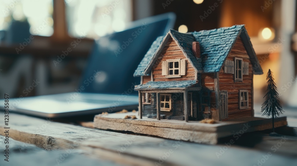 Poster miniature house model on wooden table with blurred laptop background showcasing empty space for pers