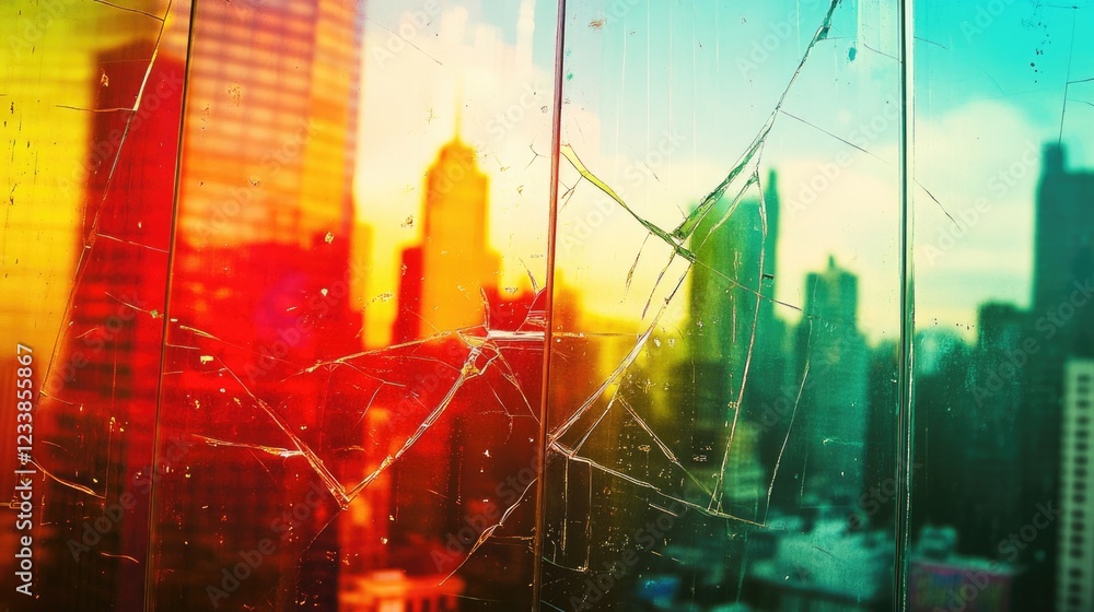Poster vibrant cityscape with fractured glass texture and colorful reflections ideal for text overlay or de