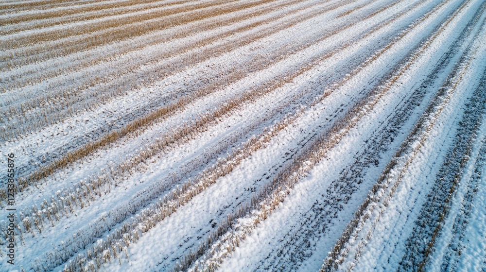 Poster winter agricultural field blanketed in snow with frosty patterns and clear space for text or graphic