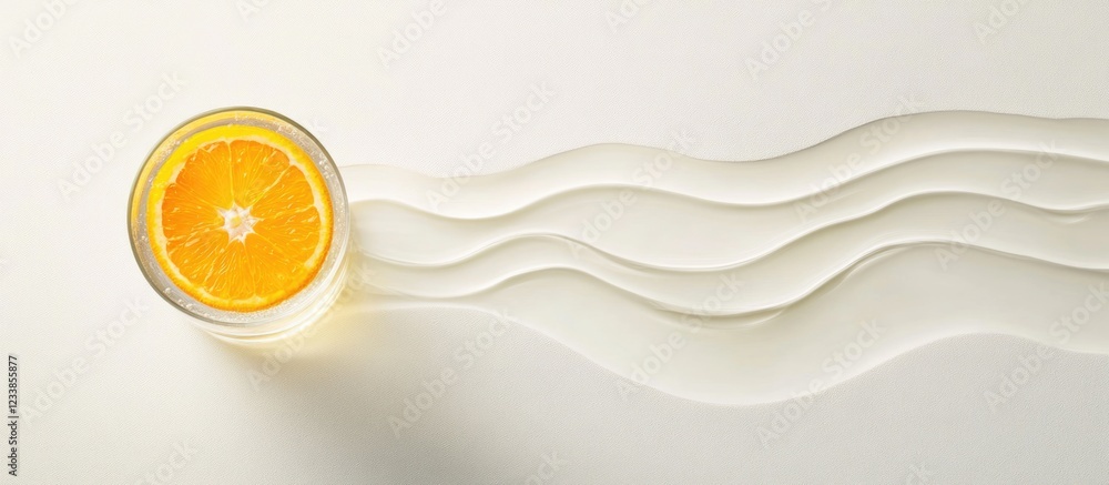 Poster Lemonade glass with floating orange slice and wavy water trail on white background featuring ample space for text or graphics.