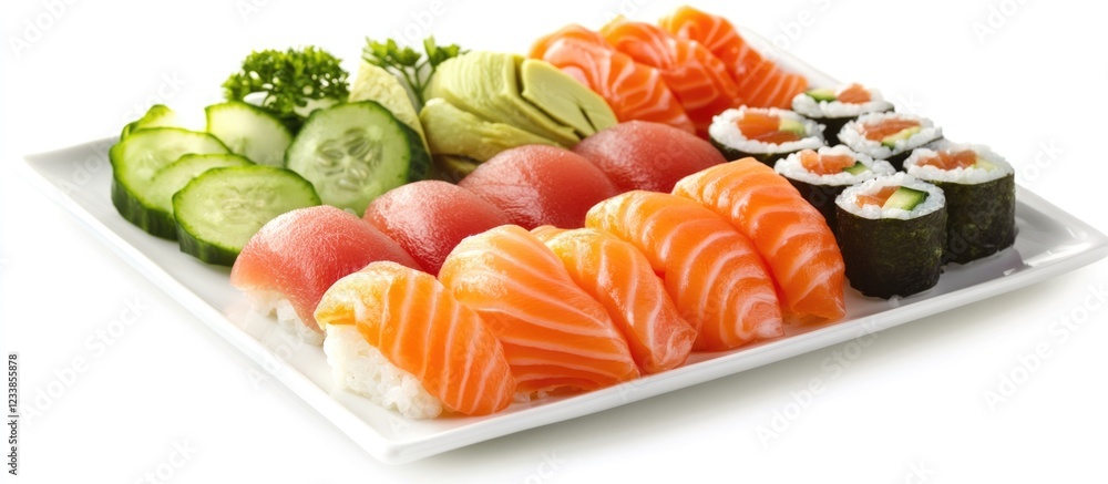 Poster assorted sushi and sashimi on white plate featuring salmon avocado and cucumber with space for text 