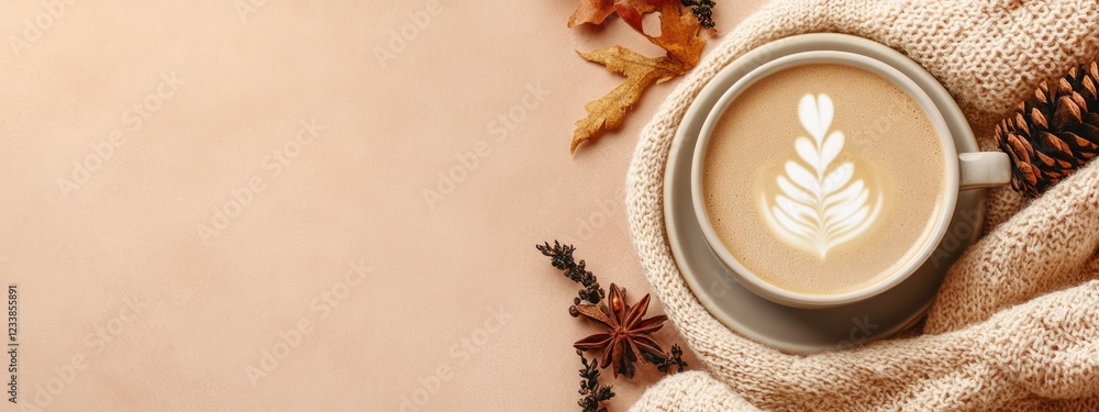 Poster cozy flat white coffee in a warm setting with natural elements and empty space for text for relaxing