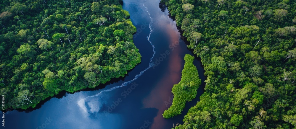 Poster aerial view of vibrant river winding through lush amazon rainforest with space for text overlay