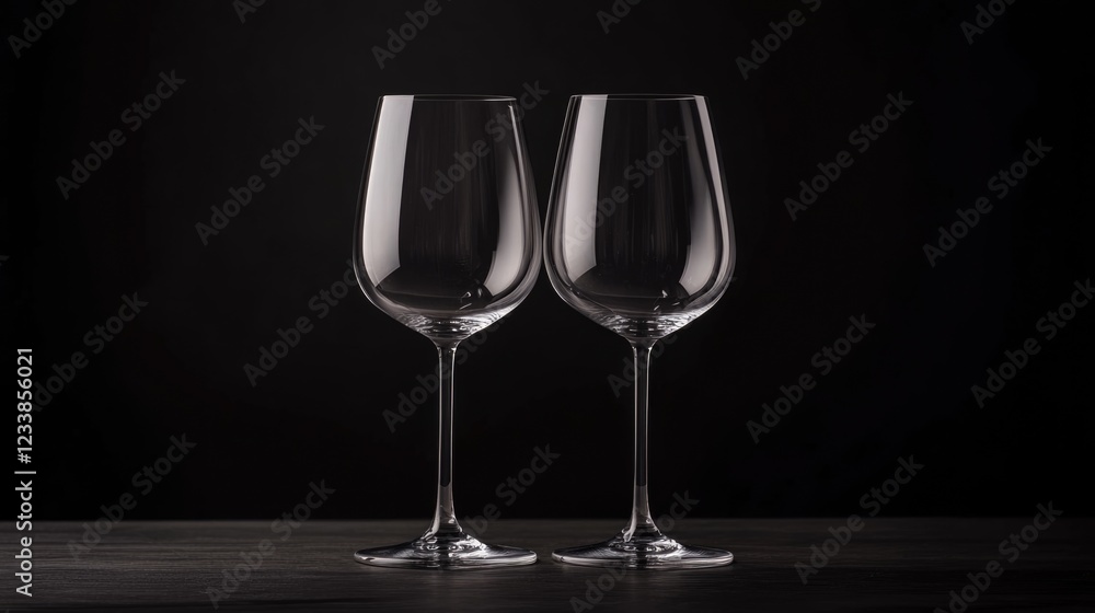 Poster two elegant wine glasses on a wooden table against a dark background with ample empty space for text
