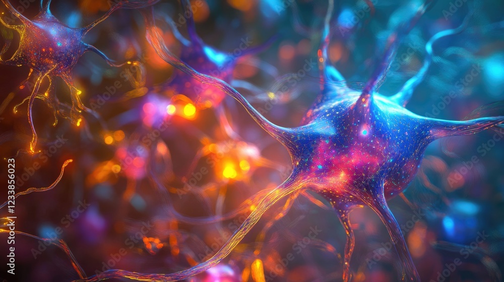 Poster futuristic neural network visualization with vibrant colors and copyspace for text in a digital envi