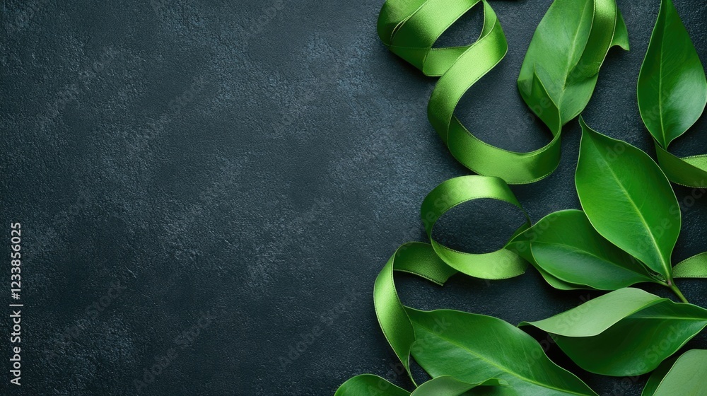 Poster Tropical green leaves with elegant ribbon on dark background creating perfect copyspace for text or branding elements