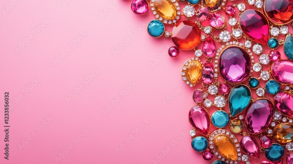 Poster vibrant colorful jewelry arrangement on soft pink background with copy space for text or branding