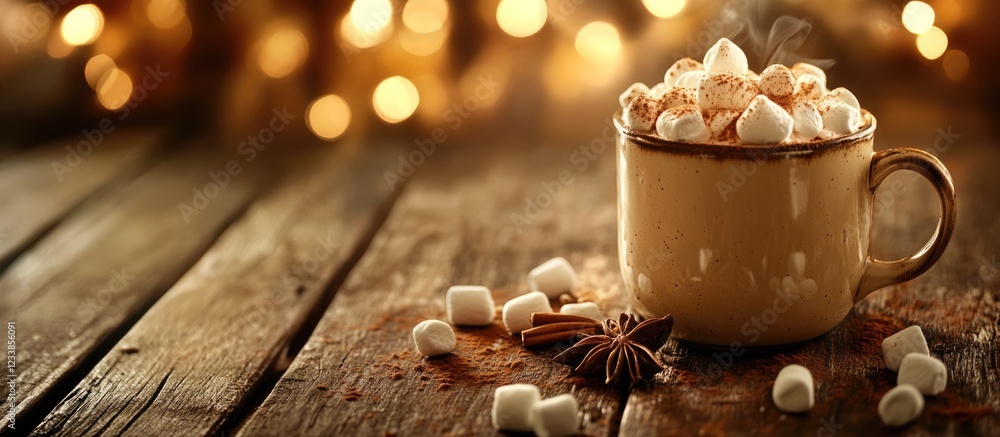 Poster warm mug of hot cocoa with marshmallows and spices on rustic wooden table cozy winter ambiance blurr