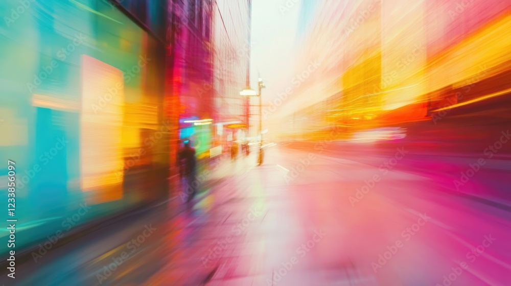 Poster Dynamic Urban Scene with Motion Blur and Colorful Lights Ideal for Text Overlay