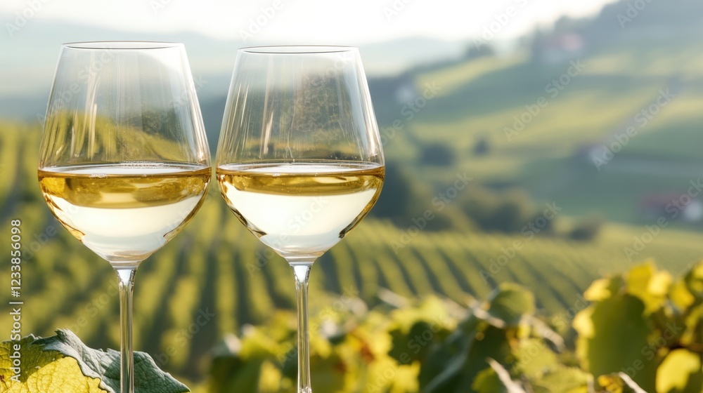 Poster clinking wine glasses toasting in a vineyard setting with blurred background and ample blank space f