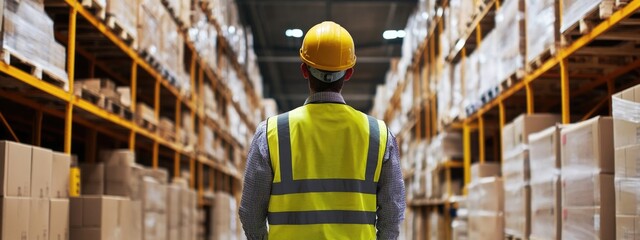 Warehouse worker in safety gear examining inventory in a spacious storage facility with ample copy space for promotional text.