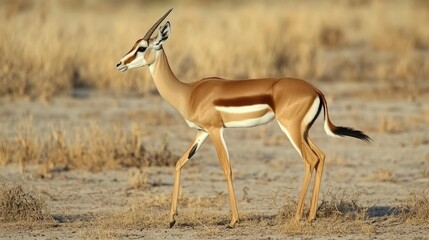 Naklejka premium Graceful gazelle walking through the golden savanna showcasing wildlife beauty in a natural habitat setting.