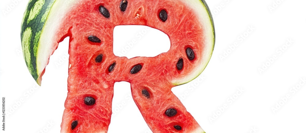 Poster watermelon letter r with seeds and rind isolated on white background with space for customization an